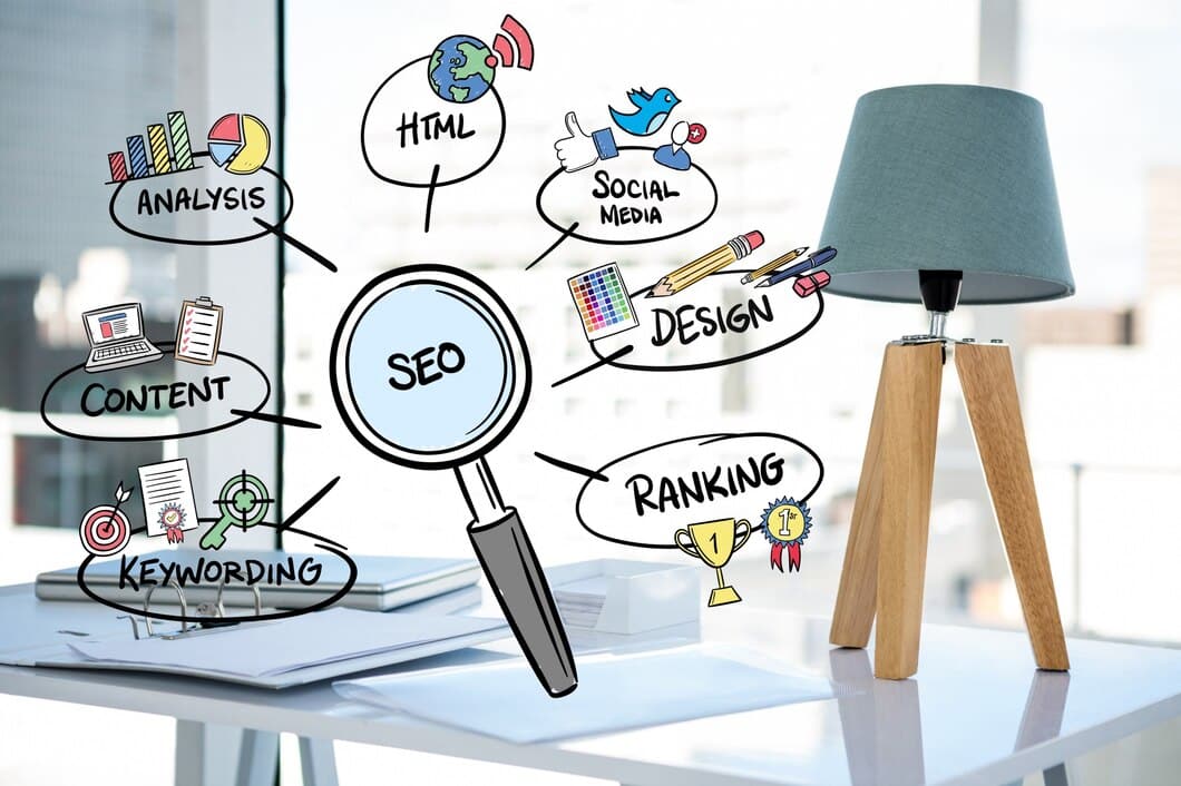 Google Ads ή SEO - μεγεθυντικός φακός πάνω σε έννοιες SEO και αναζήτησης στη Google