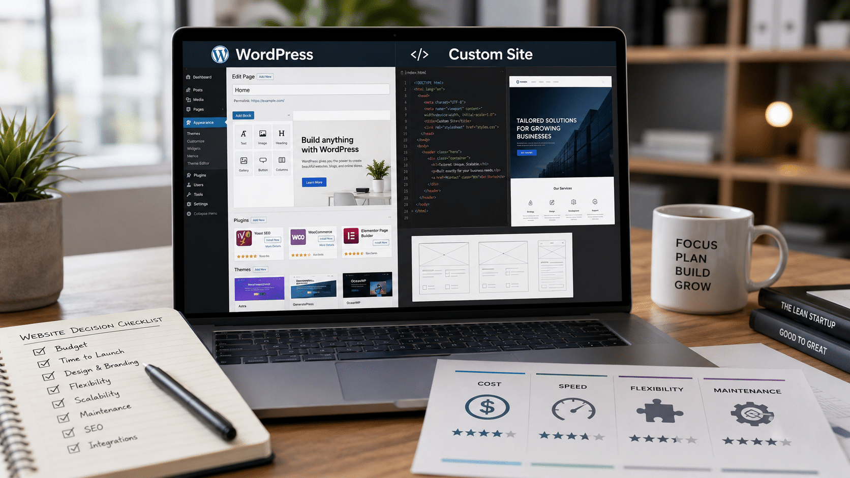 Σύγκριση WordPress και custom site - ευελιξία, κόστος και SEO για ένα site